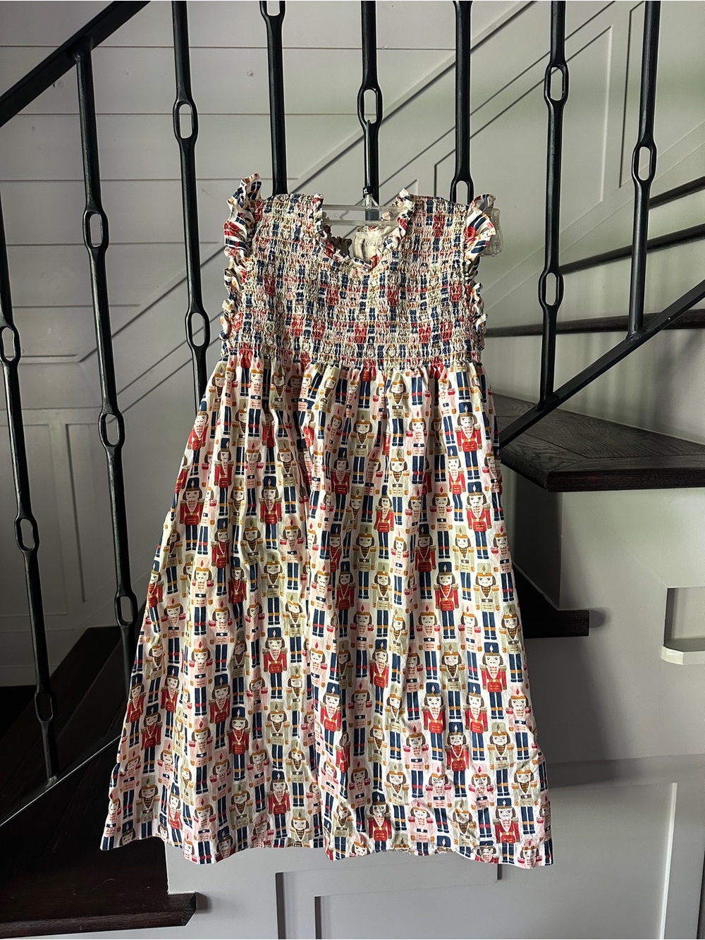 Pink Chicken Nutcracker Print Smocked Sundress in Red, Blue & Cream size 12
